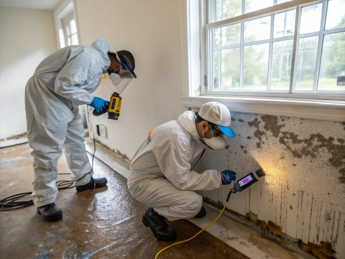 A team of uniformed technicians inspecting water damage in a home, showcasing the expertise and professionalism of Superior Emergency Restoration McKinney.