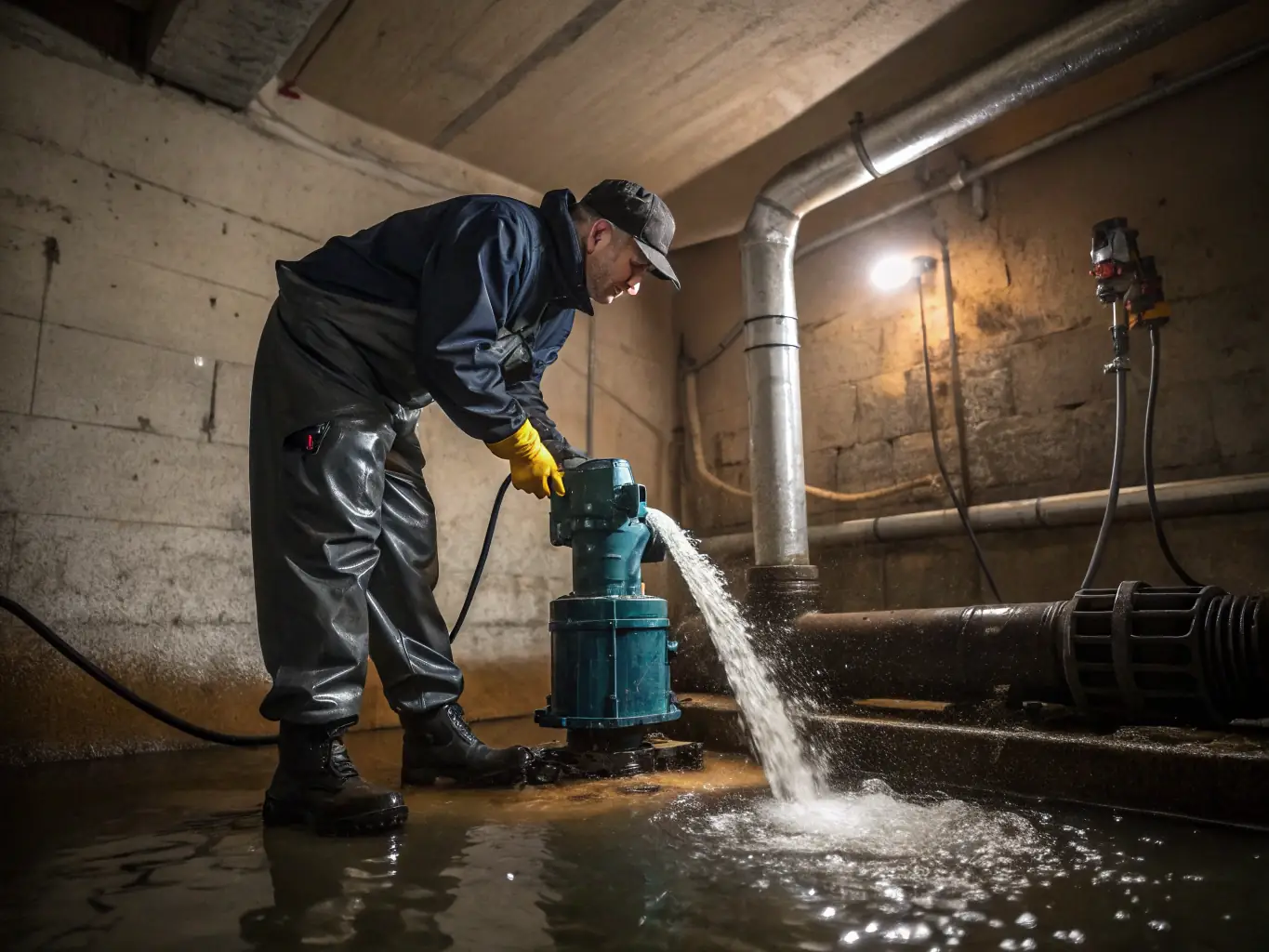 A wide shot of a flooded basement with a technician operating a powerful water extraction machine, showcasing the initial steps of water damage restoration.