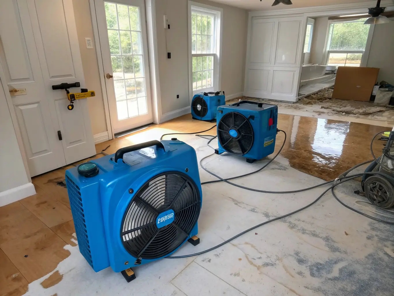 A close-up shot of industrial dehumidifiers working in a home, highlighting the advanced technology used for drying and moisture control.